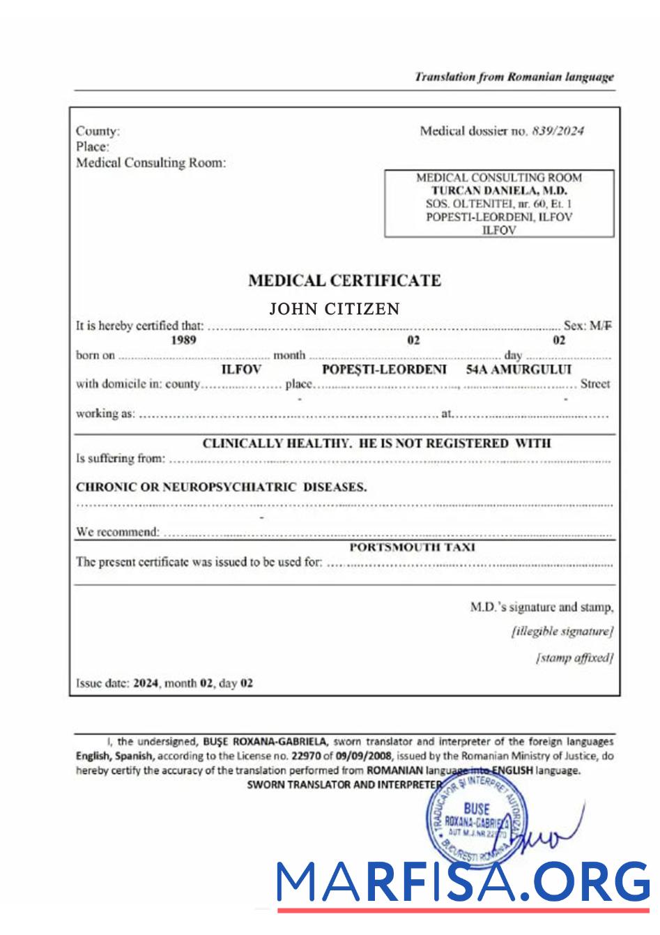 Printable Romania medical certificate template